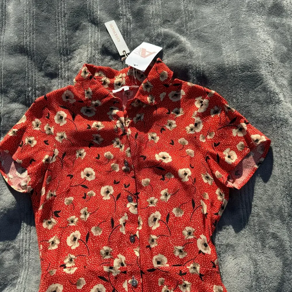 NWT Olivaceous Red Rayon Floral Print Button Front Mini Dress Women's Small - Picture 6 of 10